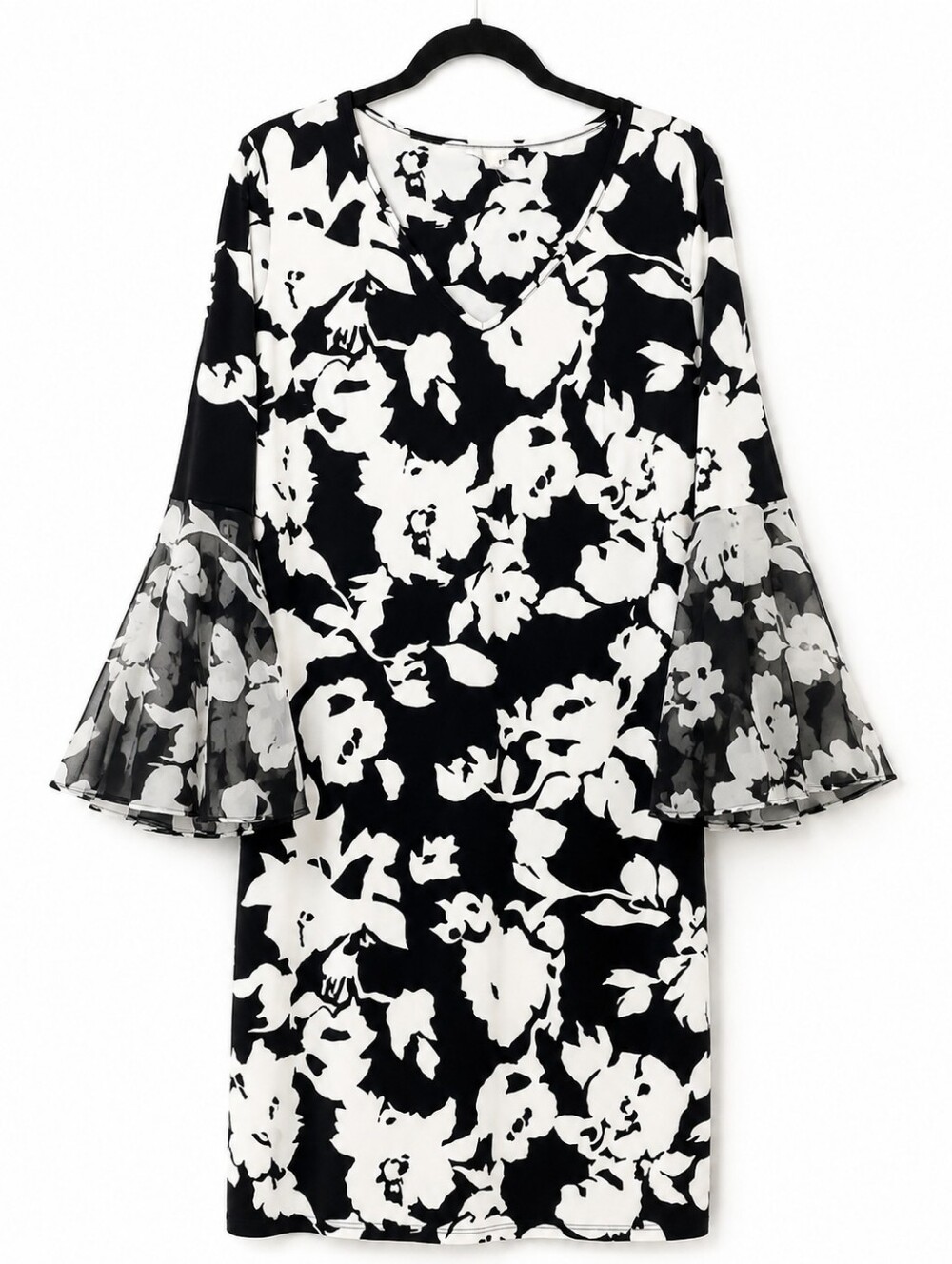 Cato Women's XL Black White Floral Bell Sleeve Midi Dress